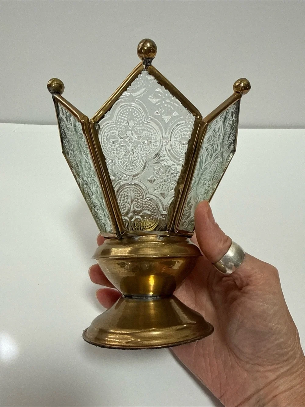 Vintage Crown Glass & Brass Decorative Votive Holder - Gold & Clear India fairy